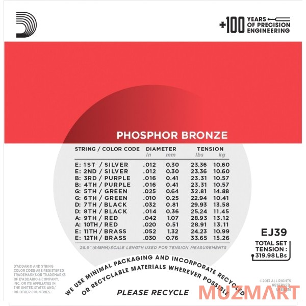 D'Addario EJ39 Medium Струны для 12-ти струнной гитары